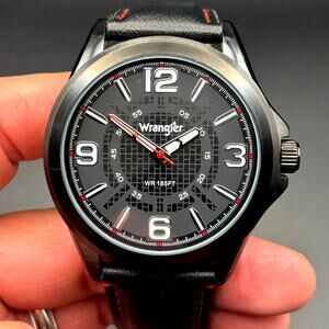 Wrangler WRW2400-1A Mens Black Analog Watch Black Leather Red Stitching Strap